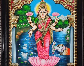 Lakshmi Tanjore Painting with Frame 22K Gold Foils Made Teakwood Framed Indian Gift Custom Size Painting / Made to Order