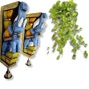12&quot; Wooden Elephant Wall Bracket Pair – Hand-Painted Multicolor Corbels with Brass Bells – Indian Home Decor – Ready to Ship