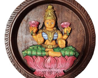 Wooden Lakshmi Wall Hanging Panel, Hand Carved Solid Wood Goddess Decor, 12 Inches