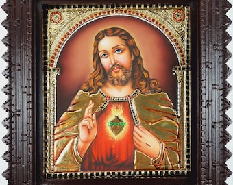 Christmas Gifts, 22K Gold Tanjore Painting Jesus Christ with Frame, Shiny Crystal Rhinestones, Indian Artwork, Free Shipping USA UK