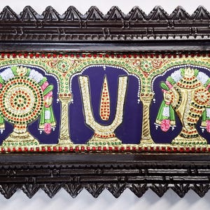 22K Gold Foil Tanjore Painting: Shanku Chakra Namam Vishnu Wall Art