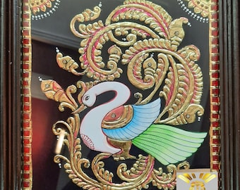Handmade Peacock Tanjore Painting: 22K Gold, Teakwood Frame