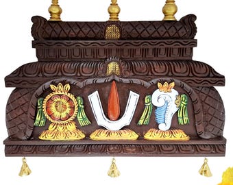 24 Inch Shanku Chakra Namam Wall Panel Hindu Temple Decor Wooden Wall Hanging