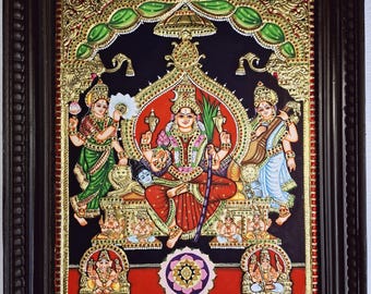 Lalitha Devi Tanjore Painting: 22K Gold, Teakwood Frame, Indian Art