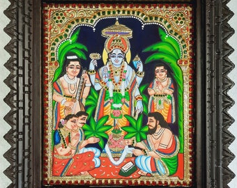 Satyanarayana Tanjore Painting with Frame 22K Gold Foils Teakwood Framed Painting Housewarming Gift Pooja Room Décor Ready to Ship