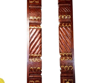 Hand Carved Wooden Temple Pillars Pair for Mandir Entrance Wall Decor