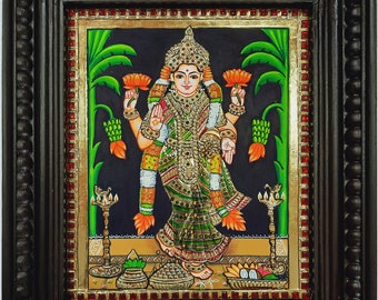 Graha Lakshmi Tanjore Painting: 22K Gold, Teakwood Frame, Indian Art