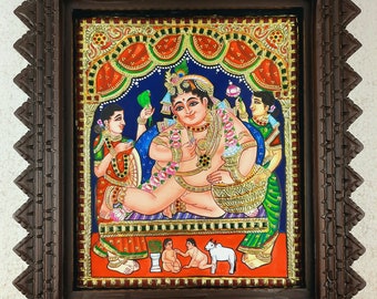 15" x 13" Butter Krishna Tanjore Painting with Frame, 22K Original Gold Painting, Teakwood Framed Painting, Indian Art Gift, Free Shipping