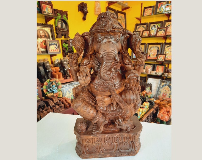 Large Ganesh Wood Statue, Wooden Ganesha Sculpture, Figurine Hindu God