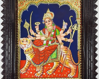 18"x15" Durga Devi Tanjore Painting, Pooja Room Painting, 22K Gold Foils Teakwood Framed Painting, Free Delivery Now.