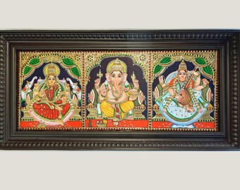 Tanjore Painting Ganesha Lakshmi Saraswathi with Teakwood Frame 31"x15" 22K Gold Foils Pooja Room Indian Art Gift Ready to Ship