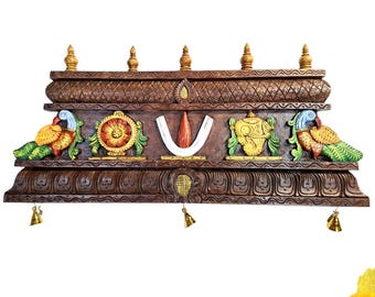Wooden Shanku Chakra Namam Wall Panel 36 Inches Mahogany Temple Decor Brass Bells