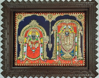 Tanjore Painting Balaji Padmavathi Thaayar with Framed 15x18 inches 22K Gold Foils Pooja room Décor Indian Artwork Gift Size Ready to Ship