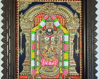 Balaji with Lakshmi Tanjore Painting with Frame 22K Gold Foils Made Teakwood Framed Indian Gift Ready to Ship Global shipping