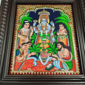 Satyanarayana Tanjore Painting with Frame 22K Gold Foils Teakwood Framed Painting Housewarming Gift Pooja Room Décor Ready to Ship image 8