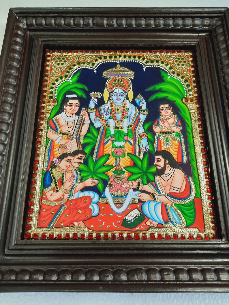 Satyanarayana Tanjore Painting with Frame 22K Gold Foils Teakwood Framed Painting Housewarming Gift Pooja Room Décor Ready to Ship image 8