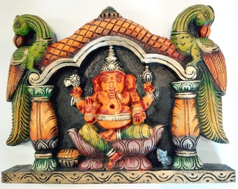 Ganesha Statue Wall Panel Hindu God Wooden Wall Hanging Ganesh Sculpture Temple Gopuram Puja Pooja Home Decor Ready to Ship