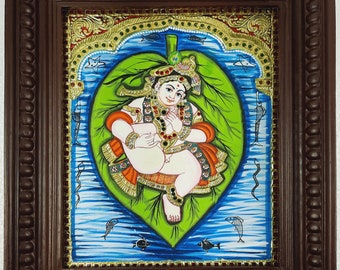 Alilai Krishna Tanjore Painting with Frame,  22K Gold Foils, 15" x 13", Quality Teakwood Frame , Pooja Room Painting, Free Shipping USA UK