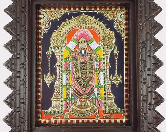 Balaji Tanjore Painting, 22K Gold Foils, 13x11, Shiny Crystal Rhinestones, Pooja Room, Traditional Artwork, Gift Size, FREE Shipping USA UK