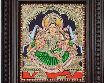 Gajalakshmi Tanjore Painting with Frame 22K Gold Foils Made Teakwood Framed Indian Gift Custom Size Painting / Made to Order