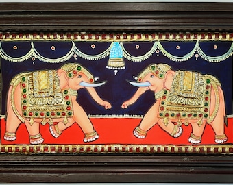 Tanjore Painting Elephant 22K Gold With Teakwood Frame 35 cm x 19 cm Shiny Crystal Rhinestone Hand Painted Gift Size Ready to Ship