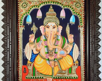 Ganesha Tanjore Painting 18" x 15" with Teak Wood Brown Frame 22K Gold Foils Pooja Room Décor Indian Art Gift Ready Fast Shipping