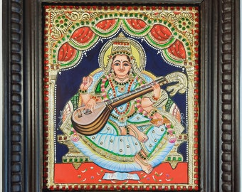 Tanjore Painting Saraswathi with Frame 22K Gold Foils Teakwood Framed Painting 13x11 Inch Housewarming Gift Pooja Room Décor Ready to Ship