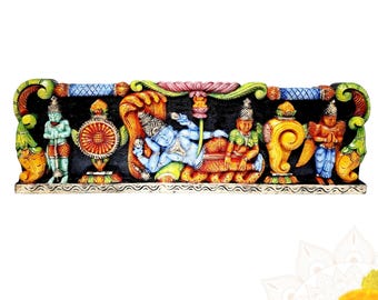 Hand Carved Vishnu Lakshmi Wooden Panel, Hindu Temple Decor, Pooja Room Wall Hanging, Handmade