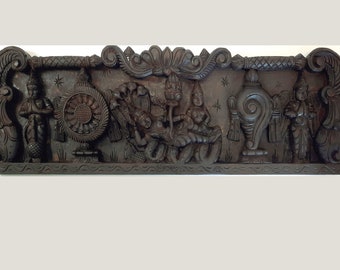 Wooden Ranganatha Wall Panel Vishnu Lakshmi Statue Hindu God Mahavishnu Temple Carving Home Decor Gift Wall Hanging Panel Ready to Ship