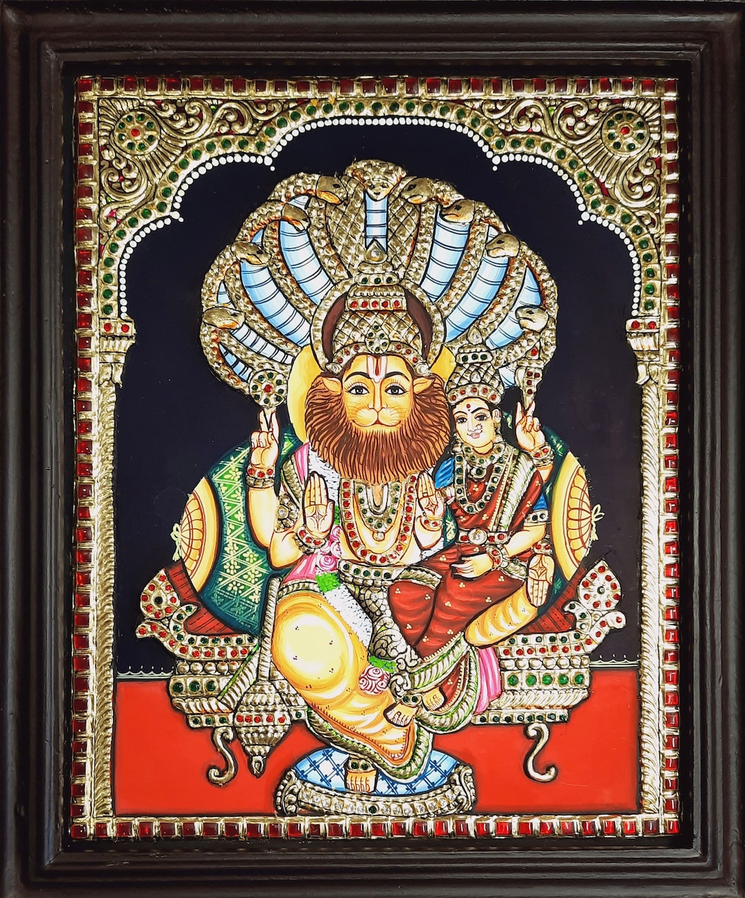Tanjore Painting: Lakshmi Narasimha, 22K Gold, Teakwood Frame - Etsy