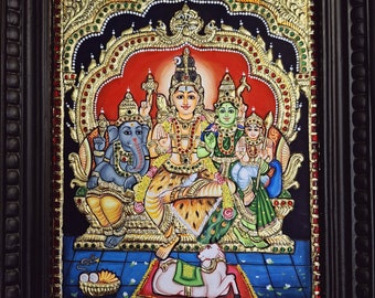 Shiva Family Tanjore Painting: 22K Gold Foils, Teakwood Frame