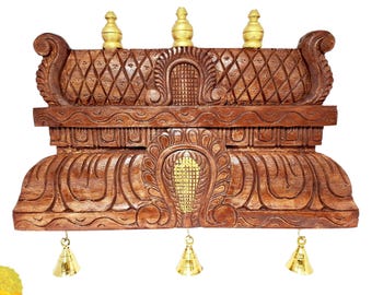 Wooden Temple Gopuram Wall Panel 18 Inch | Hand-Carved Antique Mandir Dome with Bells
