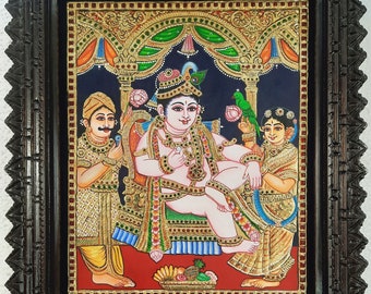 18" x 15" Traditional Krishna Tanjore Painting with Frame, 22K Original Gold Foils, Teakwood Frame, Pooja Room Décor, Ready to Ship now.