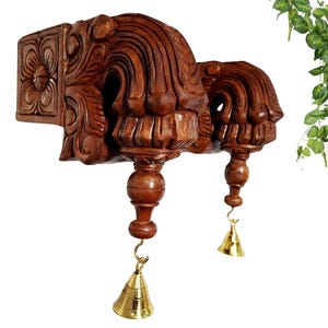 Wooden Wall Bracket Bodhil Pair | Antique Finish Solid Wood Hand Carved with Brass Bells | 9 Inch