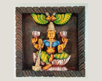 12" Lakshmi Wall Hanging Laxmi Statue Wooden Sculpture Garden Temple Living Room Indian Hand Carving Wall Decor Ready to Ship