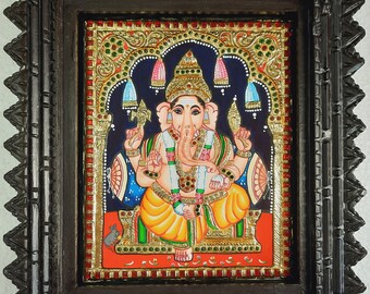 Ganesha Tanjore Painting 13x11 inch with Teakwood Framed Painting 22K Gold Foil Ganesh Artwork Housewarming Gift Ready to Ship