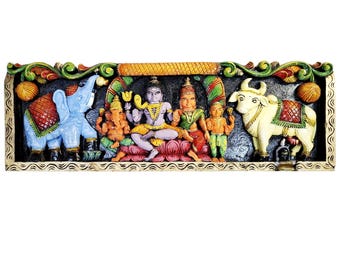 Shiva Parvati Family Wall Panel, Hand Carved Wooden Hindu Wall Decor, 36 inches