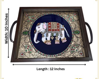 Bandeja para pintar Tanjore con diseño de elefante, 30 x 25 cm, regalo, cantidad personalizada/hecha a pedido