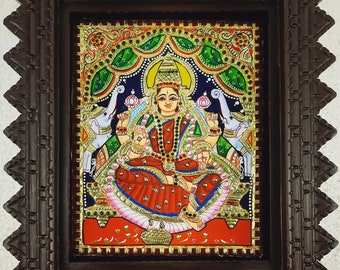 Gajalakshmi Tanjore Painting with Frame 22K Gold Foils Teakwood Framed Painting 13x11 Inch Housewarming Gift Pooja Room Décor Ready to Ship