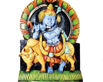 Wandbild aus Holz mit Krishna-Motiv, Dekoration mit Lord Krishna, Hinduistische Wandkunst, handgeschnitzt