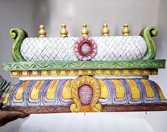 Wooden Temple Gopuram Wall Panel 24 Inch | Hand Carved Mandir Decor with Brass Bells