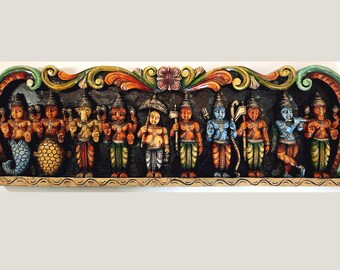 Wooden VISHNU Dashavatara Wall Panel Multi-Color Hand Carved 36 Inches Main Door Panel Pooja Room Entrance Ready to Ship