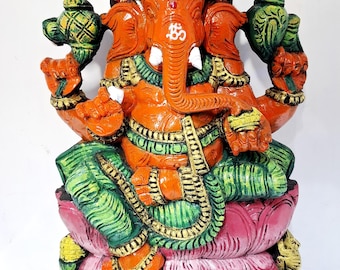 Handmade Wooden Ganesha Statue 24 Inch | Multicolor Finish Solid Wood Hindu God Idol