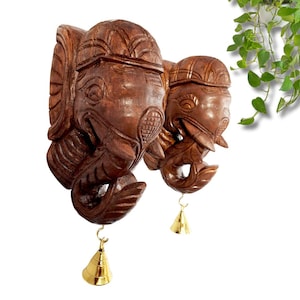 Elephant Head Wall Bracket Pair | 9&quot; Handmade Wooden Corbels with Brass Bells | Home Entrance & Living Room Decor | Set of 2