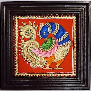 Tanjore Painting Peacock, framed in Teakwood with 22K Gold Foils, is an exquisite Indian handmade artwork, housewarming gift, ready to ship.