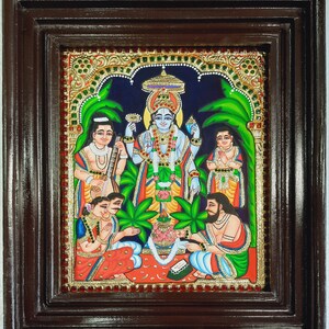 Satyanarayana Tanjore Painting with Frame 22K Gold Foils Teakwood Framed Painting Housewarming Gift Pooja Room Décor Ready to Ship Classic TeakFrame