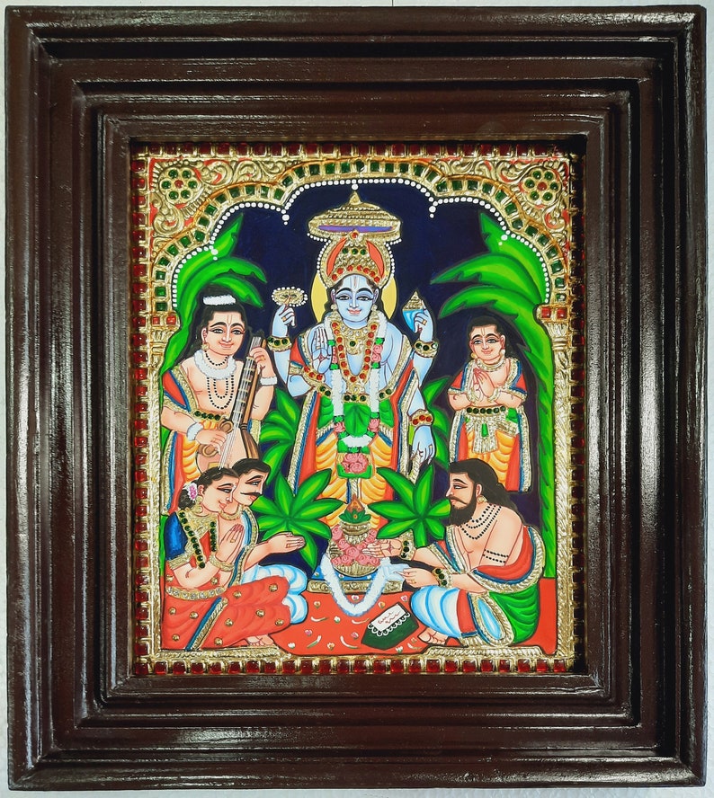 Satyanarayana Tanjore Painting with Frame 22K Gold Foils Teakwood Framed Painting Housewarming Gift Pooja Room Décor Ready to Ship Classic TeakFrame