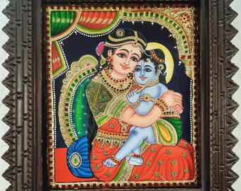 Yashodha Krishna Tanjore Painting with Frame 22K Original Gold Painting Teakwood Framed Painting Indian Art Gift Ready to ship