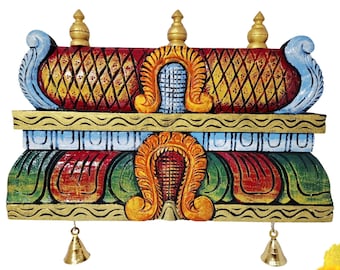 Wooden Temple Gopuram Wall Panel 18 Inch | Hand-Carved Antique Mandir Dome with Bells