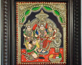 Tanjore Painting Ram Darbar with Frame 22K Gold Foils Made Teakwood Framed Indian Gift Custom Size Painting / Made to Order